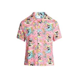 Disney Mickey Mouse Men's 2XL All-Over Graphic Print Button-Up Shirt Pink NWT